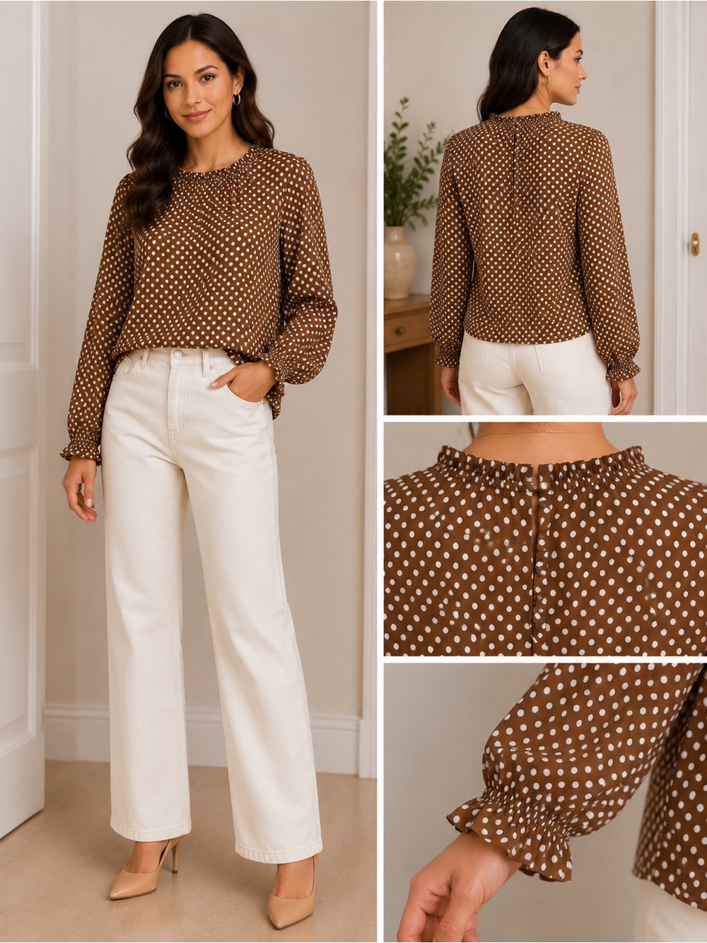 LOFT Brown Polka Dot Long-Sleeve Blouse